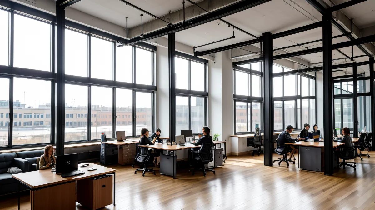 Datenschutz im Coworking Space: Laptop mit Blickschutzfolie an einem gemeinsamen Arbeitstisch