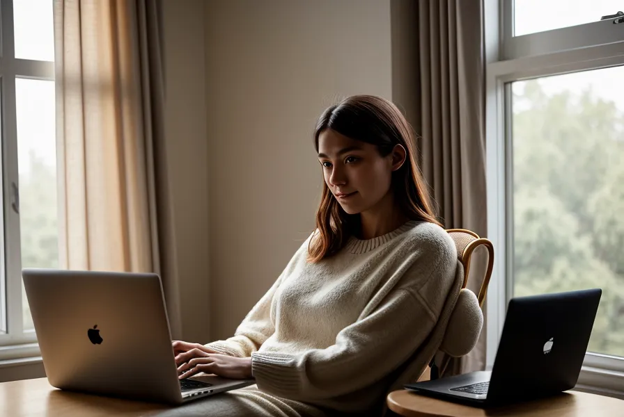 Entspannte Solopreneurin am Laptop nach rechtssicher organisierten Gastbeiträgen auf ihrem Blog